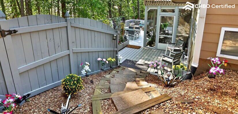 Stone walkway to the private entrance