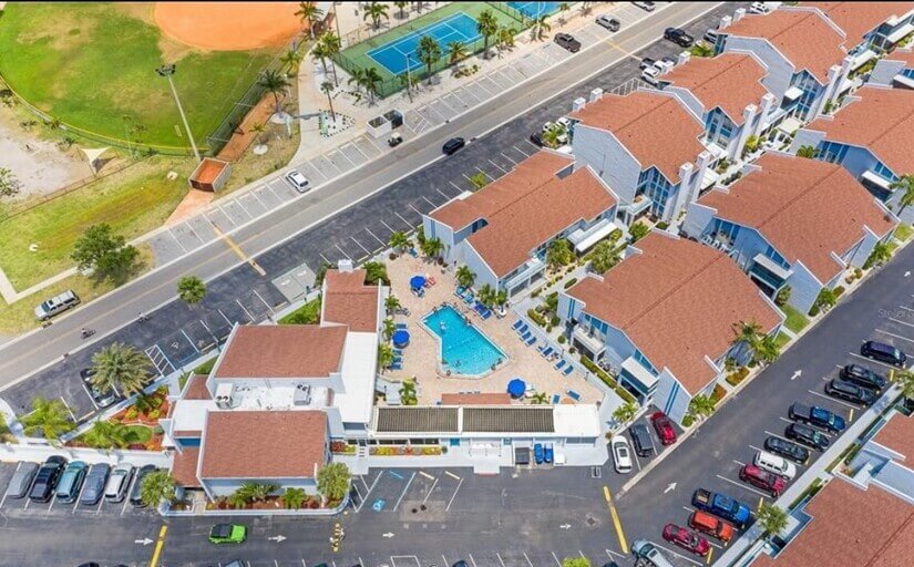 Aerial view of the heated pool at the complex