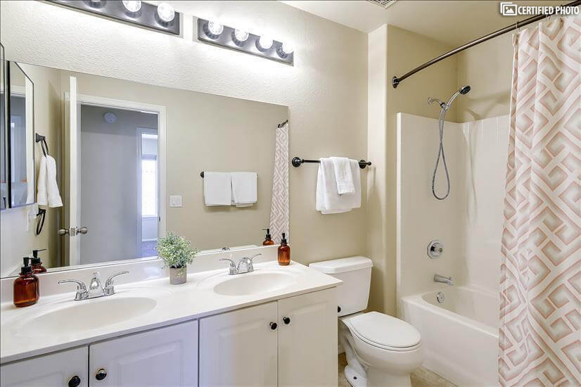 Double vanity, bathtub and shower