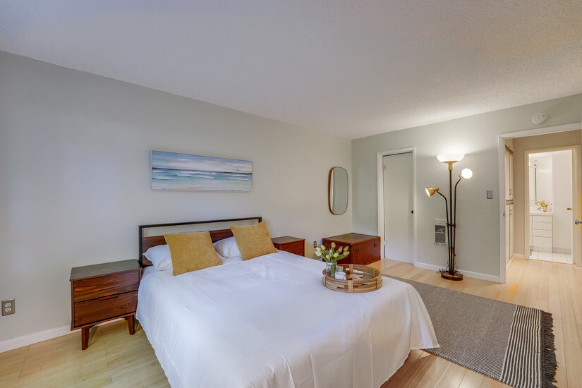 Bedroom looking out toward bathroom