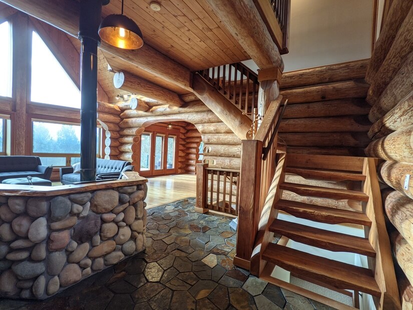 PNW stone entry into luxury log home