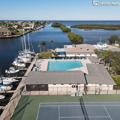 Aerial view of Club House, Pool and Tennis/ Pickleball Court