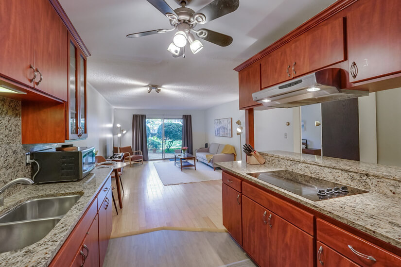 Kitchen looking out to living room