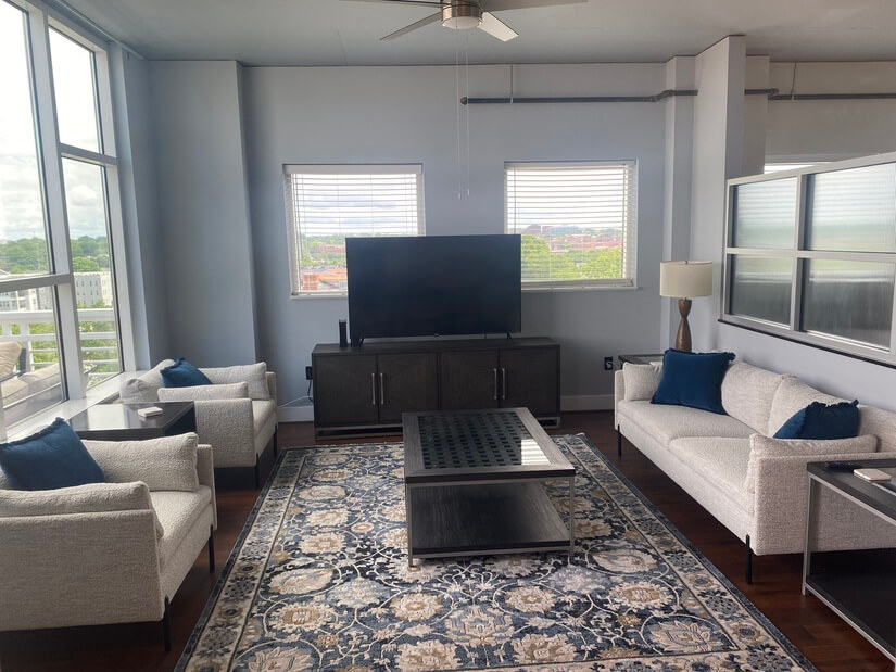 Living room 10 ft ceiling and large windows