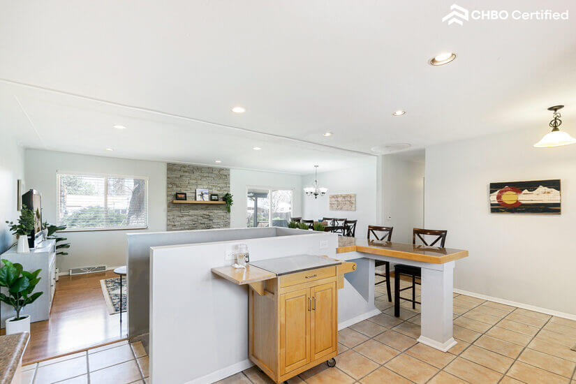 View of great room and living area from kitchen