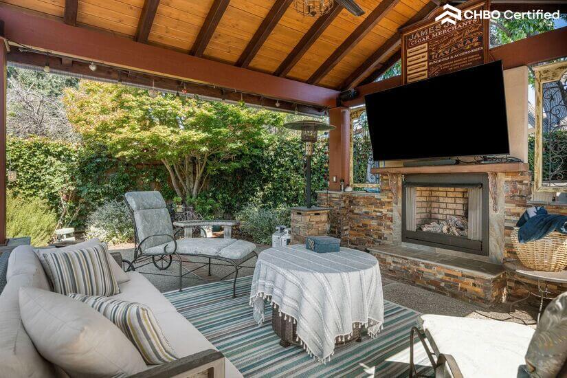 Large Gazebo with 75 inch TV, fireplace and outdoor seating