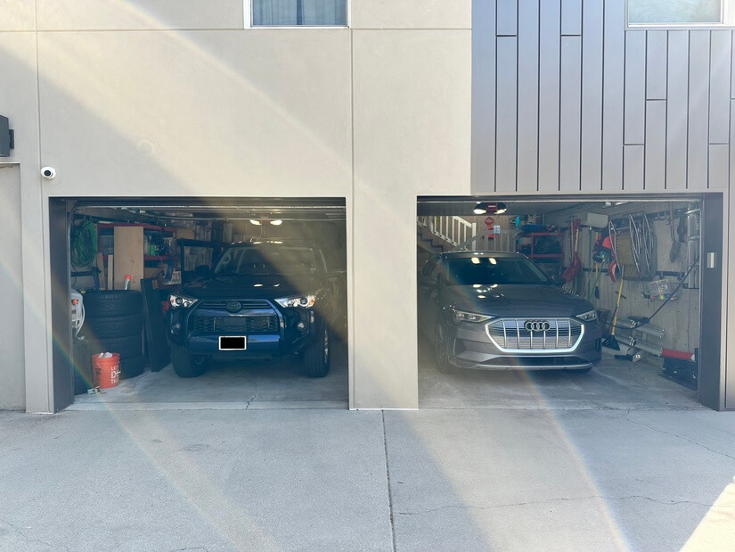 garage with EV charger and plenty of storage
