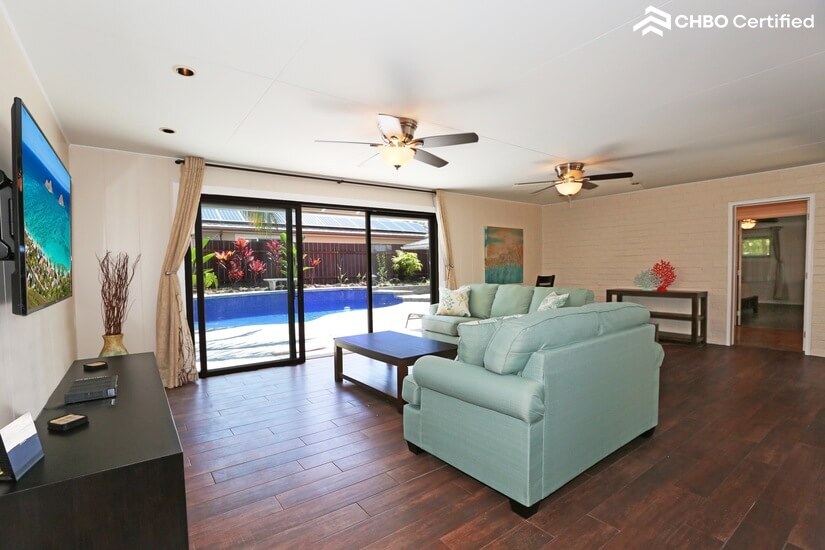 Living room with pool view