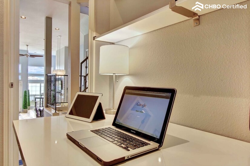 Downstairs bedroom desk with views to the lak