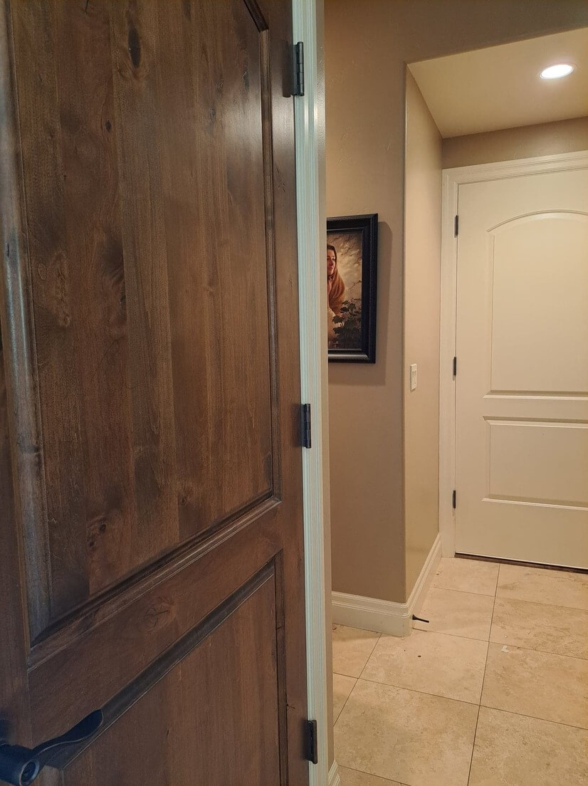 White door - entrance, wood door, basement