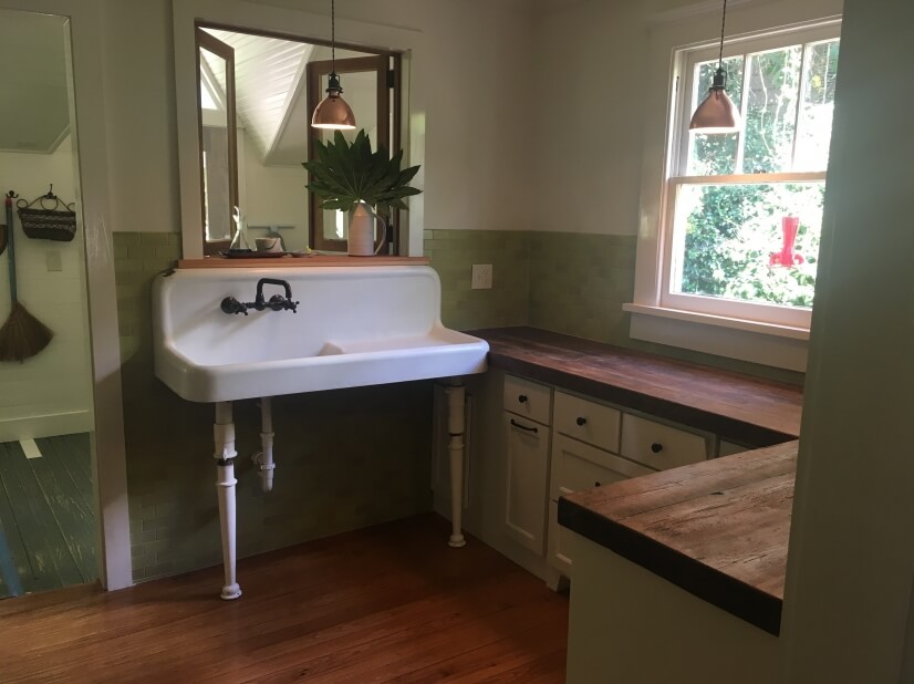 Original Farm sink, Heath Tile and Heart Pine tops