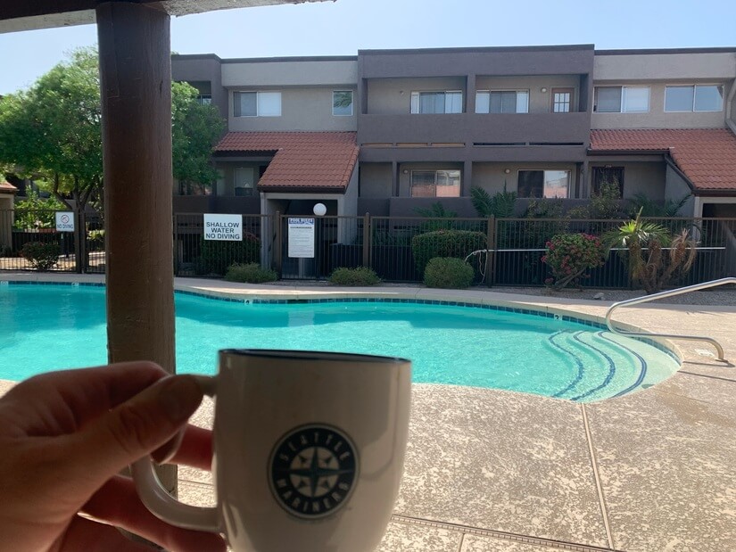 Coffee by the pool ! 
My unit is straight across from mug