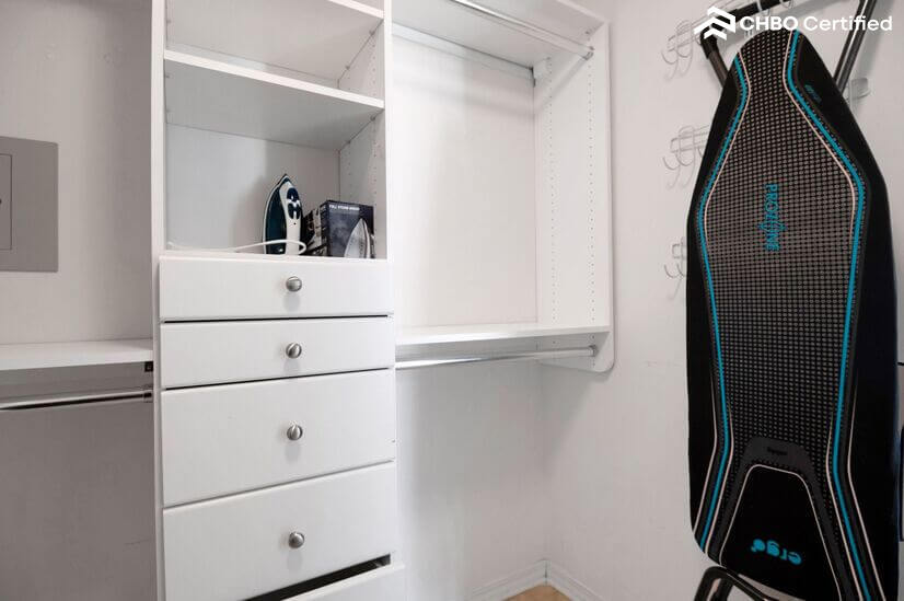 plenty of drawers and space, ironing board/iron