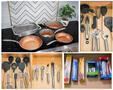 Fully stocked with cookware and utensils.