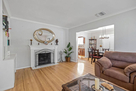 Living room with wood burning fireplace