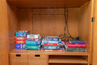 A large selection of board games is available