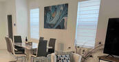 Living room with zebra blinds at windows