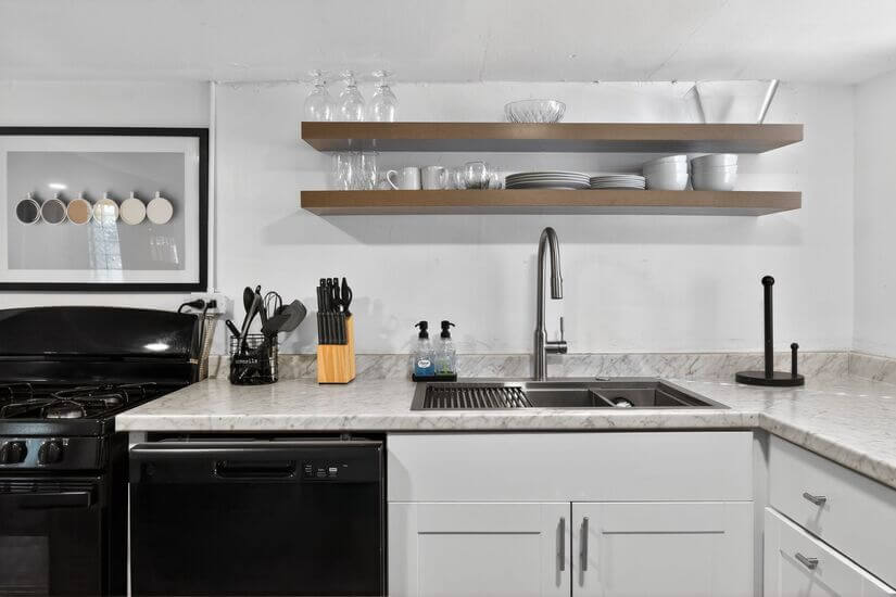 Open shelving and large sink
