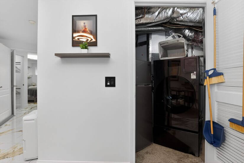 Samsung washer/dryer, 2nd Refrigerator, & cleaning supplies