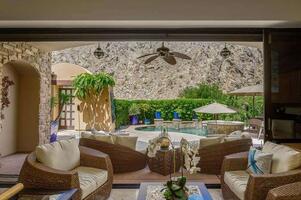 View of pool and mountain from sitting area.