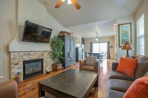 Living room with vaulted ceilings