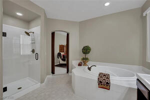Downstairs Primary Bath, dual vanity.