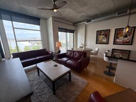 Living room seats six comfortably