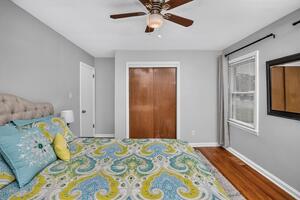 Main floor bedroom with Queen bed and all comfy bedding