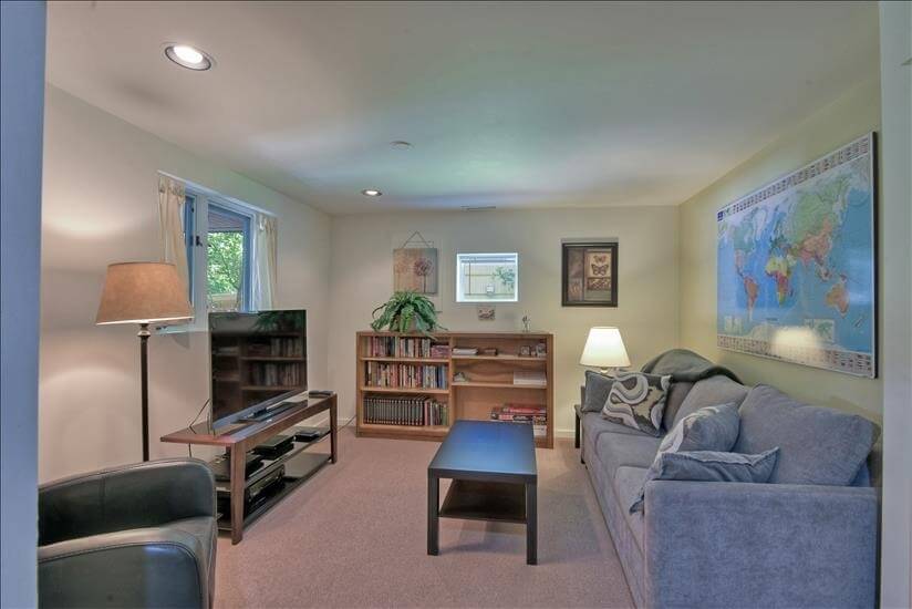 Living room area complete with movies, books