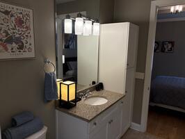 granite sink vanity area with large mirror