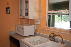 Kitchen sink and microwave.