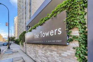 Exterior of The Towers front entry area.