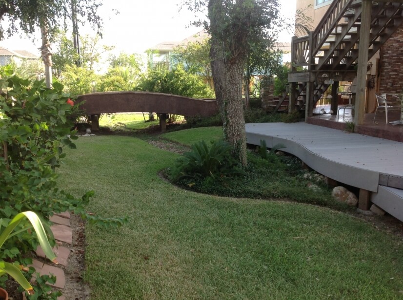 Front yard with bridge and decking.
