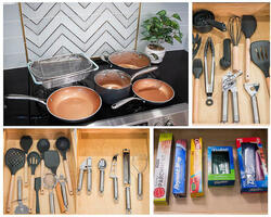 Fully stocked with cookware and utensils.