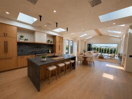 Open gourmet kitchen & living, pool views