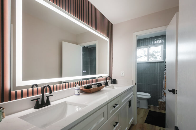 Double vanities and lighted mirror