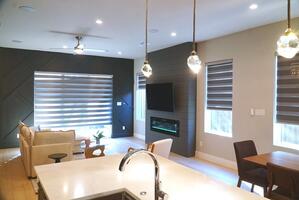 Furnished living room with fireplace