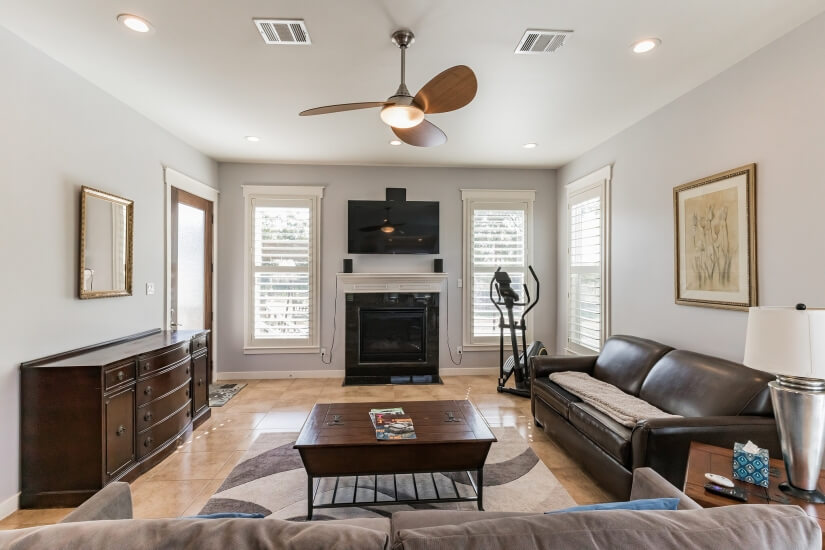 Living room with huge couches hide a bed ROKU TV fireplace