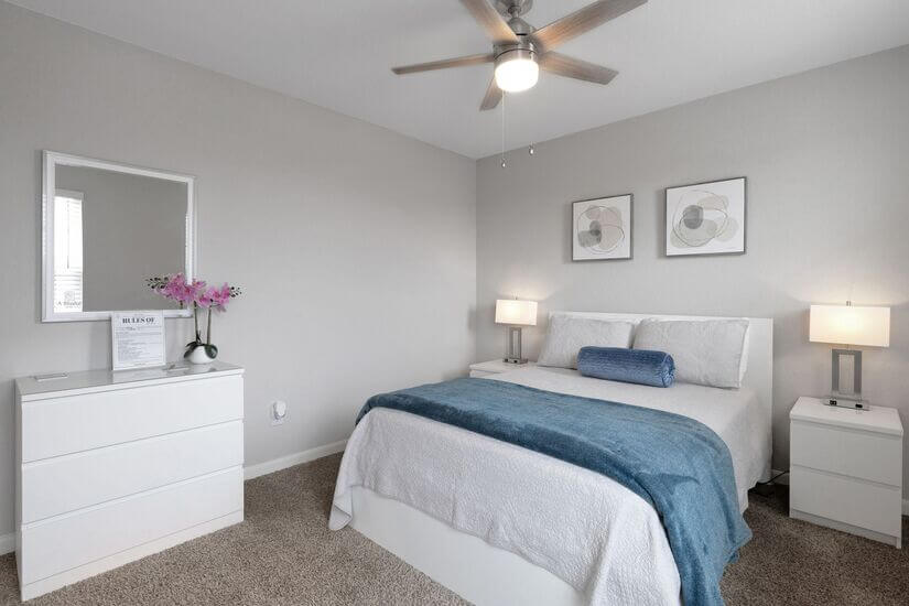 Bedrooms with walk-in closet, ceiling fan, and mirror.