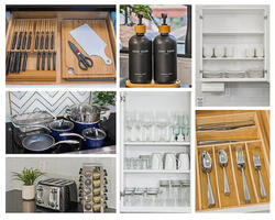 Knives, cutting boards, dishes, glassware