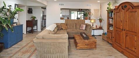 Living room view into kitchen