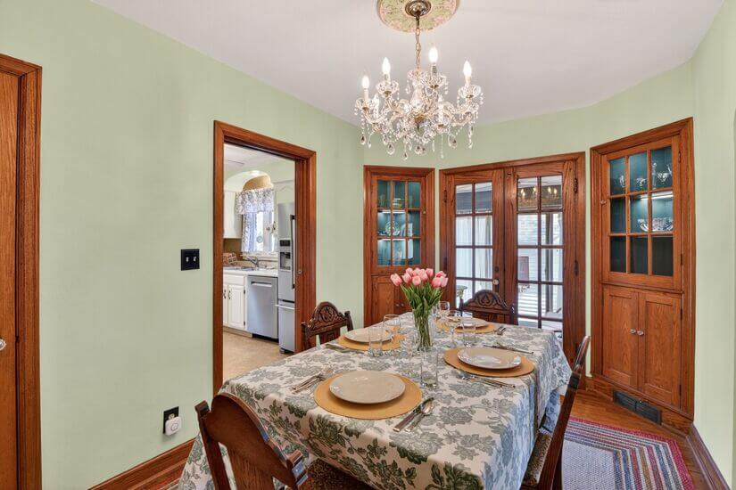 Dining table can expand to seat six.