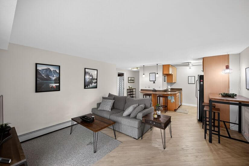 Living and kitchen from balcony door